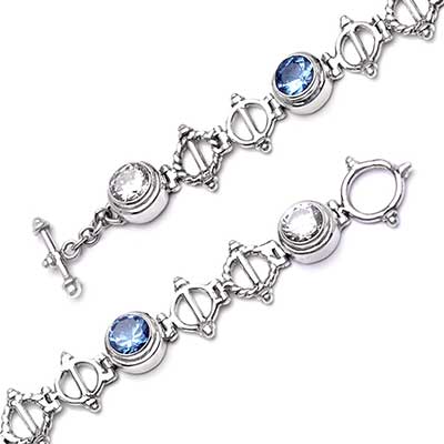 Gold & Silver bracelet, scale dragon chain round 6mm, spring lock with 18K gold hammer motif and white topaz pave stones