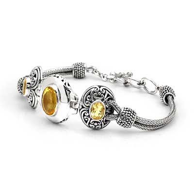 Gold & Silver bracelet, scale dragon chain round 6mm, spring lock with 18K gold hammer motif and white topaz pave stones