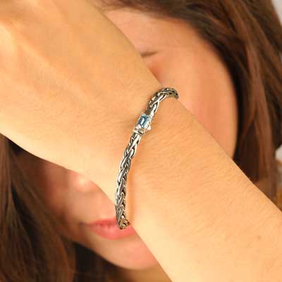 Gold & Silver bracelet, scale dragon chain round 6mm, spring lock with 18K gold hammer motif and white topaz pave stones