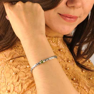 Gold & Silver bracelet, scale dragon chain round 6mm, spring lock with 18K gold hammer motif and white topaz pave stones