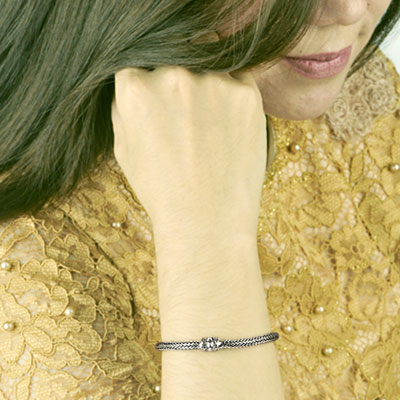 Gold & Silver bracelet, scale dragon chain round 6mm, spring lock with 18K gold hammer motif and white topaz pave stones