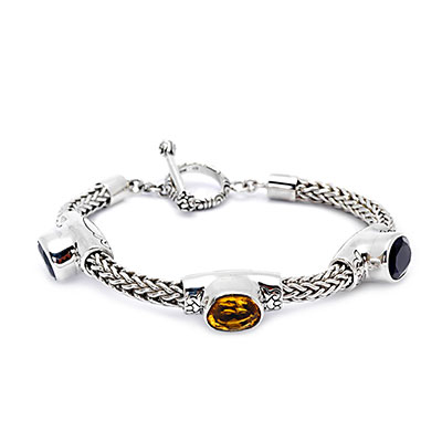 Gold & Silver bracelet, scale dragon chain round 6mm, spring lock with 18K gold hammer motif and white topaz pave stones