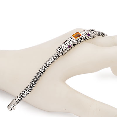 Gold & Silver bracelet, scale dragon chain round 6mm, spring lock with 18K gold hammer motif and white topaz pave stones