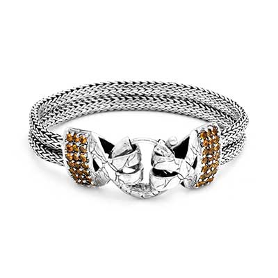 Gold & Silver bracelet, scale dragon chain round 6mm, spring lock with 18K gold hammer motif and white topaz pave stones