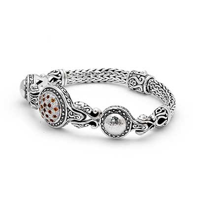 Gold & Silver bracelet, scale dragon chain round 6mm, spring lock with 18K gold hammer motif and white topaz pave stones