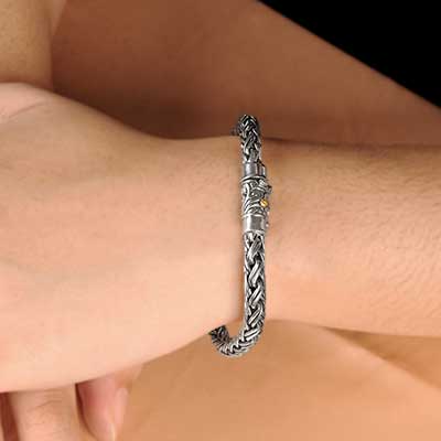 Gold & Silver bracelet, scale dragon chain round 6mm, spring lock with 18K gold hammer motif and white topaz pave stones