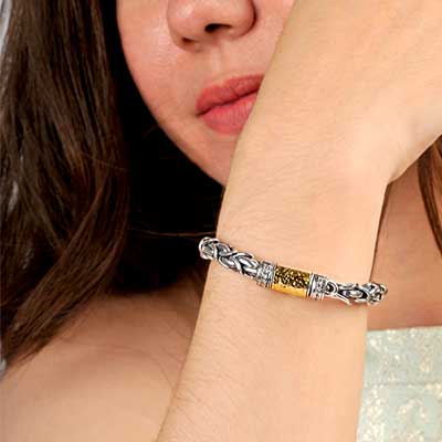 Gold & Silver bracelet, scale dragon chain round 6mm, spring lock with 18K gold hammer motif and white topaz pave stones