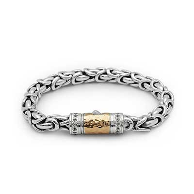 Gold & Silver bracelet, scale dragon chain round 6mm, spring lock with 18K gold hammer motif and white topaz pave stones