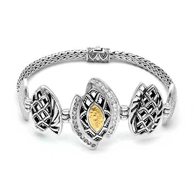 Gold & Silver bracelet, scale dragon chain round 6mm, spring lock with 18K gold hammer motif and white topaz pave stones