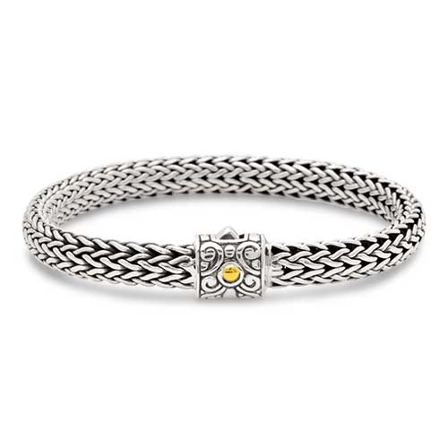 Gold & Silver bracelet, scale dragon chain round 6mm, spring lock with 18K gold hammer motif and white topaz pave stones