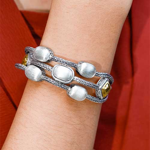 Gold & Silver bracelet, scale dragon chain round 6mm, spring lock with 18K gold hammer motif and white topaz pave stones