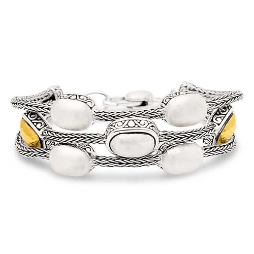 Gold & Silver bracelet, scale dragon chain round 6mm, spring lock with 18K gold hammer motif and white topaz pave stones