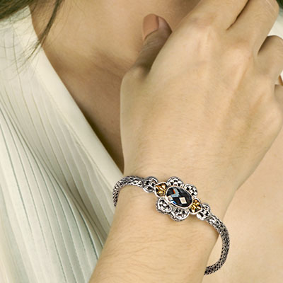 Gold & Silver bracelet, scale dragon chain round 6mm, spring lock with 18K gold hammer motif and white topaz pave stones