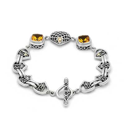 Gold & Silver bracelet, scale dragon chain round 6mm, spring lock with 18K gold hammer motif and white topaz pave stones