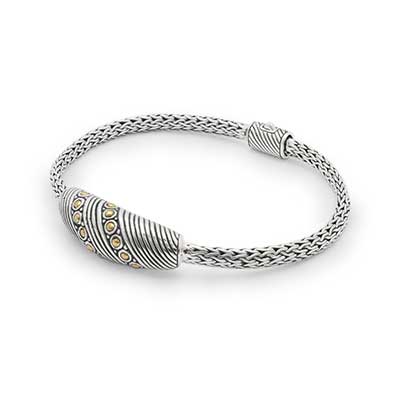 Gold & Silver bracelet, scale dragon chain round 6mm, spring lock with 18K gold hammer motif and white topaz pave stones