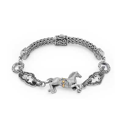 Gold & Silver bracelet, scale dragon chain round 6mm, spring lock with 18K gold hammer motif and white topaz pave stones