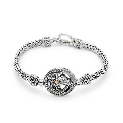 Gold & Silver bracelet, scale dragon chain round 6mm, spring lock with 18K gold hammer motif and white topaz pave stones