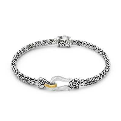 Gold & Silver bracelet, scale dragon chain round 6mm, spring lock with 18K gold hammer motif and white topaz pave stones