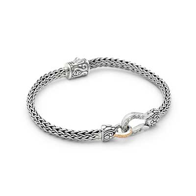 Gold & Silver bracelet, scale dragon chain round 6mm, spring lock with 18K gold hammer motif and white topaz pave stones