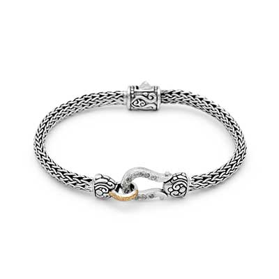 Gold & Silver bracelet, scale dragon chain round 6mm, spring lock with 18K gold hammer motif and white topaz pave stones