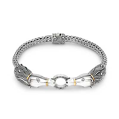 Gold & Silver bracelet, scale dragon chain round 6mm, spring lock with 18K gold hammer motif and white topaz pave stones