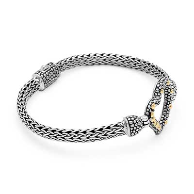 Gold & Silver bracelet, scale dragon chain round 6mm, spring lock with 18K gold hammer motif and white topaz pave stones