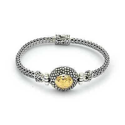 Gold & Silver bracelet, scale dragon chain round 6mm, spring lock with 18K gold hammer motif and white topaz pave stones