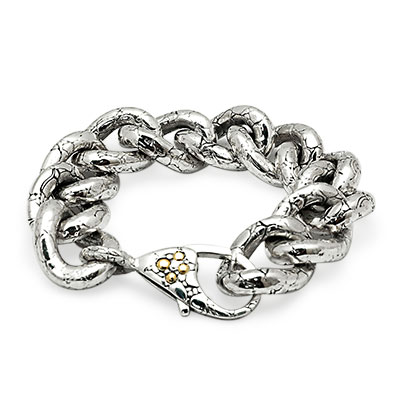 Gold & Silver bracelet, scale dragon chain round 6mm, spring lock with 18K gold hammer motif and white topaz pave stones