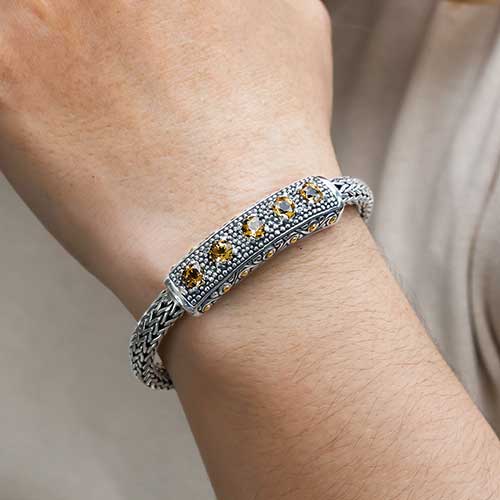 Gold & Silver bracelet, scale dragon chain round 6mm, spring lock with 18K gold hammer motif and white topaz pave stones