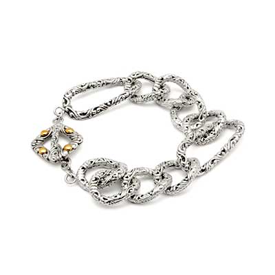 Gold & Silver bracelet, scale dragon chain round 6mm, spring lock with 18K gold hammer motif and white topaz pave stones