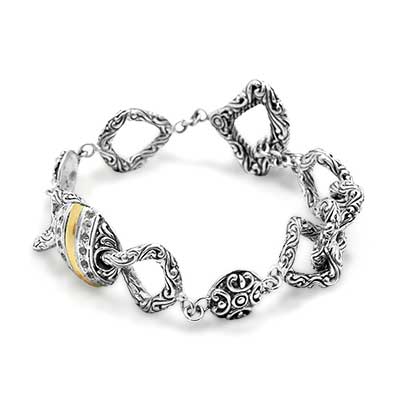 Gold & Silver bracelet, scale dragon chain round 6mm, spring lock with 18K gold hammer motif and white topaz pave stones