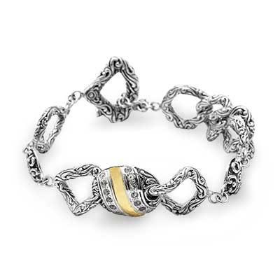 Gold & Silver bracelet, scale dragon chain round 6mm, spring lock with 18K gold hammer motif and white topaz pave stones