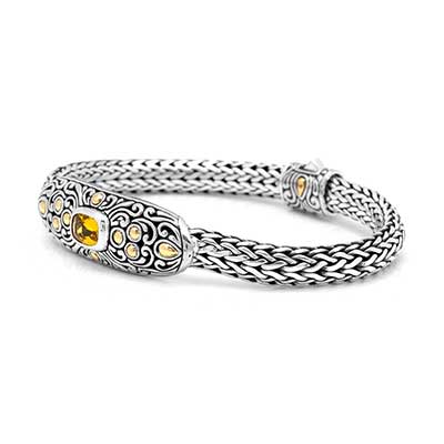 Gold & Silver bracelet, scale dragon chain round 6mm, spring lock with 18K gold hammer motif and white topaz pave stones