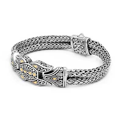 Gold & Silver bracelet, scale dragon chain round 6mm, spring lock with 18K gold hammer motif and white topaz pave stones