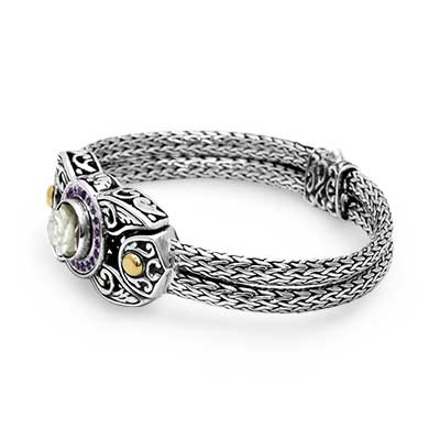 Gold & Silver bracelet, scale dragon chain round 6mm, spring lock with 18K gold hammer motif and white topaz pave stones