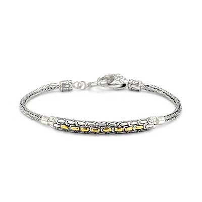 Gold & Silver bracelet, scale dragon chain round 6mm, spring lock with 18K gold hammer motif and white topaz pave stones