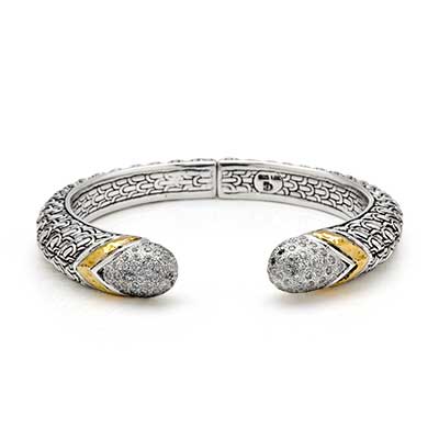 Gold & Silver bracelet, scale dragon chain round 6mm, spring lock with 18K gold hammer motif and white topaz pave stones