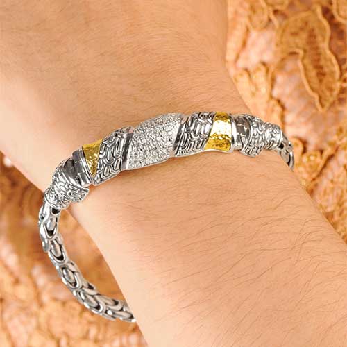 Gold & Silver bracelet, scale dragon chain round 6mm, spring lock with 18K gold hammer motif and white topaz pave stones