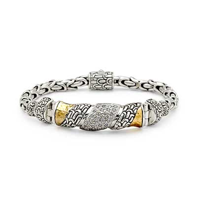 Gold & Silver bracelet, scale dragon chain round 6mm, spring lock with 18K gold hammer motif and white topaz pave stones