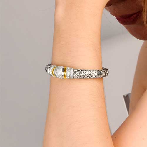 Gold & Silver bracelet, scale dragon chain round 6mm, spring lock with 18K gold hammer motif and white topaz pave stones