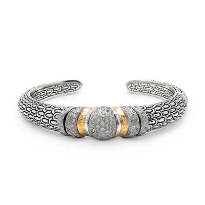 Gold & Silver bracelet, scale dragon chain round 6mm, spring lock with 18K gold hammer motif and white topaz pave stones