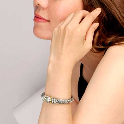 Gold & Silver bracelet, scale dragon chain round 6mm, spring lock with 18K gold hammer motif and white topaz pave stones