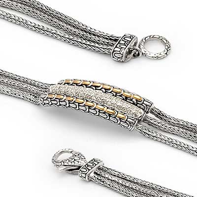 Gold & Silver bracelet, scale dragon chain round 6mm, spring lock with 18K gold hammer motif and white topaz pave stones