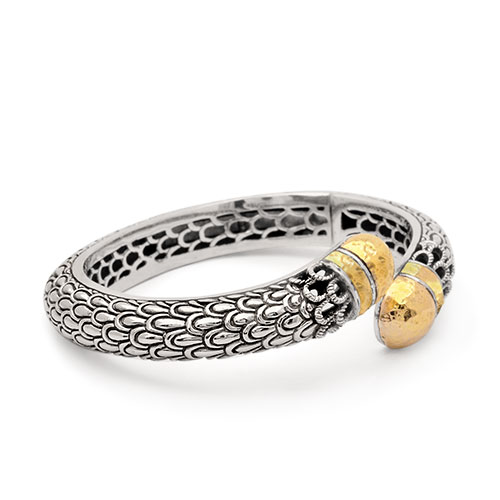 Gold & Silver bracelet, scale dragon chain round 6mm, spring lock with 18K gold hammer motif and white topaz pave stones