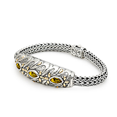 Gold & Silver bracelet, scale dragon chain round 6mm, spring lock with 18K gold hammer motif and white topaz pave stones