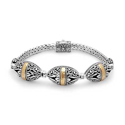 Gold & Silver bracelet, scale dragon chain round 6mm, spring lock with 18K gold hammer motif and white topaz pave stones