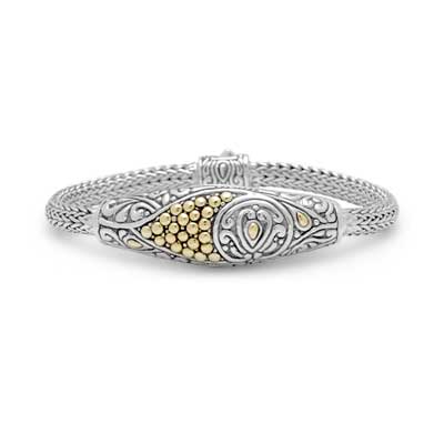 Gold & Silver bracelet, scale dragon chain round 6mm, spring lock with 18K gold hammer motif and white topaz pave stones