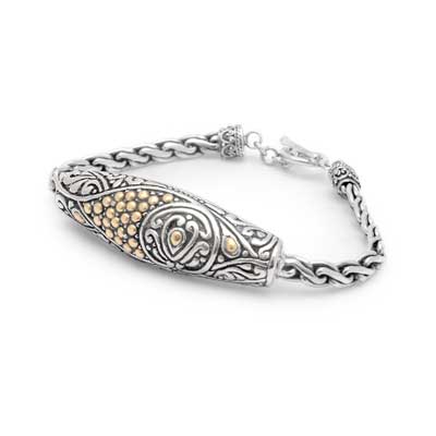 Gold & Silver bracelet, scale dragon chain round 6mm, spring lock with 18K gold hammer motif and white topaz pave stones