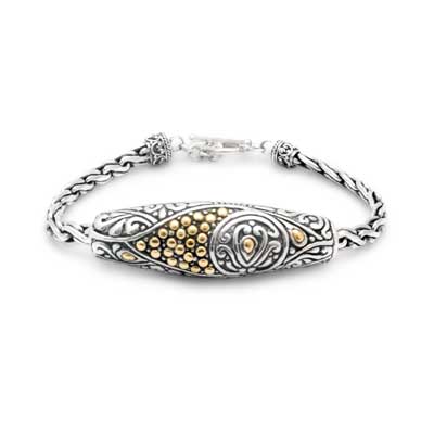 Gold & Silver bracelet, scale dragon chain round 6mm, spring lock with 18K gold hammer motif and white topaz pave stones