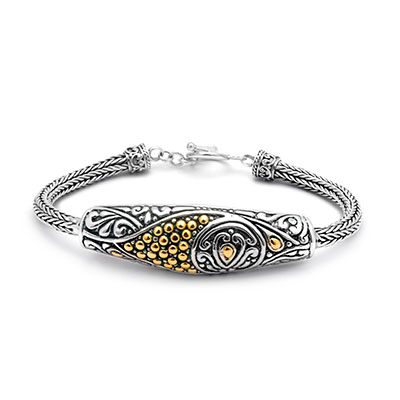 Gold & Silver bracelet, scale dragon chain round 6mm, spring lock with 18K gold hammer motif and white topaz pave stones